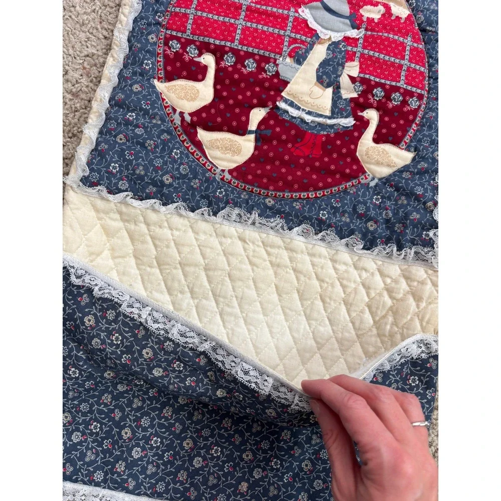 VTG Holly Hobbie Folk Art Farm Girl Goose Fabric Wall Hanging Pocket Cottage SEE